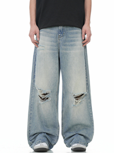 Vaqueros de hombre de pierna ancha, lavado nieve, desgastados, ajuste holgado, vintage, cintura media, pantalones casuales de verano, ecológicos, de secado rápido, 100% - Product Image 6
