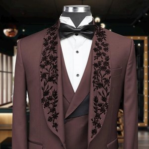Costume de smoking brodé en vison pour homme, revers châle floral, ensemble blazer pour mariage et soirée, tenue de cérémonie personnalisée - Product Image 2