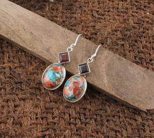 Boucles d'oreilles pendantes ovales en argent sterling 925 avec grenat rouge naturel et coquille d'huître épineuse, bijoux de luxe en pierres précieuses pour femme, cadeau de fête - Product Image 5