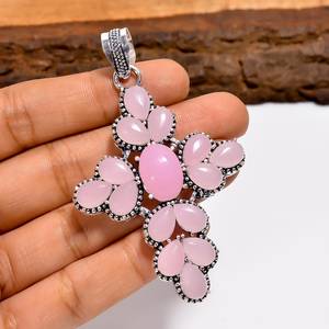 Pendentif en quartz rose multi-pierres, croix en argent sterling, pierre précieuse rose, collier fait main, bijou d'amour apaisant, cadeau pour elle - Product Image 3