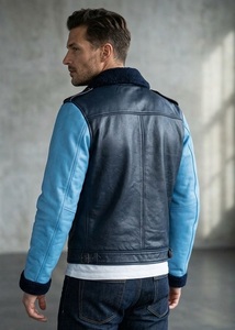 Chaqueta de Cuero para Hombre, Color Azul con Bloques de Color, Forro de Piel Sintética, Resistente al Viento, Estilo Motero, Chaqueta de Invierno, Chaqueta de Cuero Tipo <span class=keywords><strong>Bomber</strong></span> <span class=keywords><strong>B1</strong></span> B2 - Product Image 2