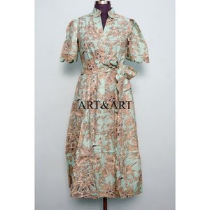 Vestido Midi de Algodón con Estampado Floral Indio, Estilo Bohemio, Estampado a Mano, Mangas Cortas, Corte en A, Informal, para Mujer - Product Image 1