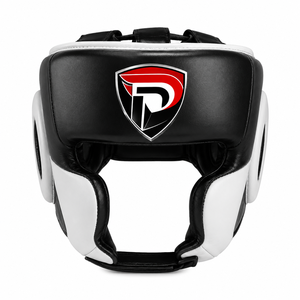 Protège-tête de boxe international Dumela en cuir de vachette respirant noir et blanc avec fermeture auto-agrippante unisexe pour l'entraînement et la protection de haute performance - Product Image 1