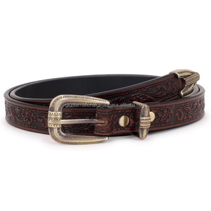 Hot Sale Latest Design Floral Carving Designer Unisex Black and Brown Original Cowhide Western Leather <b>Tooling</b> <b>belt</b> - Product Image 2