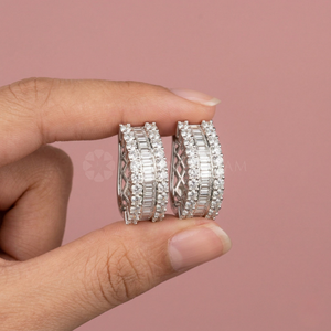 Baguette exquise et boucles d'oreilles créoles rondes en diamant cultivé en laboratoire en or massif 10K 14K 18K boucles d'oreilles en diamant étincelant cadeau pour elle - Product Image 1