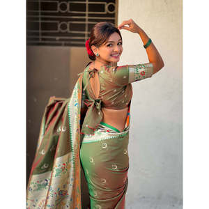 Sari indien et pakistanais en soie Paithani verte Mehandi Elite Weaves pour femmes, tissé avec des fils Zari de Banarasi, 650 g, toutes saisons - Product Image 3