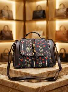 Sac à main en toile jacquard floral fait main, style ethnique vintage, avec pompon, pour femme - Product Image 3