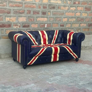 Vintage Union Jack Leather <b>Sofa</b> Deep Button Tufted Back Rolled Arms <b>Wood</b> <b>Frame</b> Luxury Living Room Transitional Eco-Friendly - Product Image 3