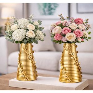 Florero Decorativo de Metal con Diseño de Hojas Doradas, Florero de Mesa para el Hogar, Sala de Estar, Oficina, Centro de Mesa para Bodas - Product Image 3