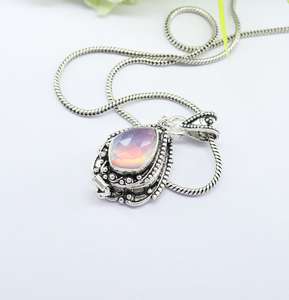Elegant Vintage Engagement Aurora Opal <b>Locket</b> Charm Pendant Handmade Gold Plated 925 Sterling Silver Gemstone Gift - Product Image 2