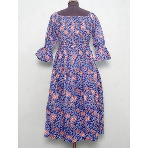 เดรสสั้นคอเหลี่ยมผ้าฝ้ายลายพิมพ์บล็อกมือแขนยาวลายดอกไม้สำหรับผู้หญิง - Product Image 6