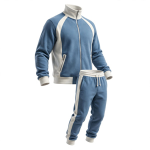 Survêtement bleu pour homme 100% coton, sweat-shirt à col roulé entièrement zippé, poches latérales, pantalon de jogging assorti, respirant, vêtements décontractés, été - Product Image 3