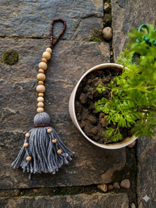 Handmade Wooden Bead <b>Tassel</b> With Gray Yarn Fringe Decorative Keychain - Product Image 6
