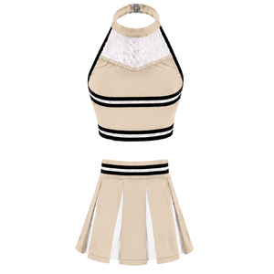 Ensemble d'uniformes de cheerleading beige personnalisés, haut plissé, vêtements de sport pour performance, tenue de compétition de danse d'équipe, vêtements de sport athlétiques - Product Image 2