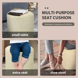Pouf ottoman décoratif en corde de papier beige à double brin pour chambre ou salon, utilisable comme repose-pieds ou tabouret - Product Image 6