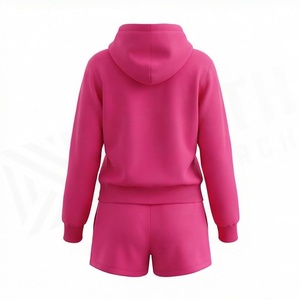 Ensemble short 2 pièces rose à capuche pour femme, imprimé géométrique, en polaire, décontracté, coupe ample, au-dessus du genou, imprimé numérique, printemps-été - Product Image 2