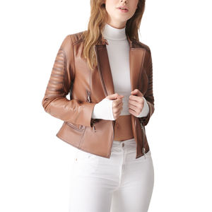 Chaqueta de Motociclista de Cuero Genuino para Mujer, Color Mostaza, Manga Larga, Cierre de Cremallera, Cuello Camisero, Estilo Otoñal, Corte Corto - Product Image 6