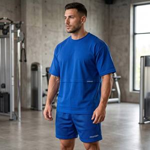 Ensemble short et t-shirt en maille pour homme, bleu roi, épaules tombantes, survêtement 2 pièces, tenue de sport respirante, coupe oversize unie - Product Image 1