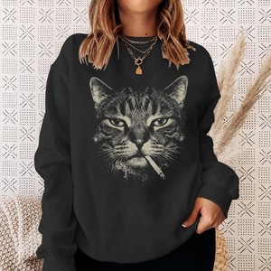 Sweat-shirt à capuche unisexe noir avec imprimé chat fumant une cigarette, décontracté, avec poche, coupe classique, pour l'automne, 100% coton molletonné - Product Image 4