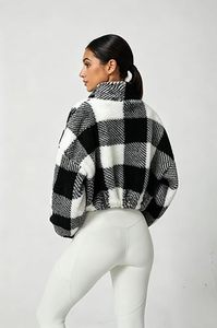 Chaqueta de lana a cuadros para mujer, cuello alto, con cremallera, longitud corta, manga larga, ropa de abrigo cálida para invierno - Product Image 5