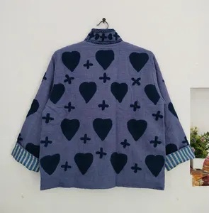 Handmade Bohemian TNT Color Suzani <b>Jacket</b> for Women Purple Cotton Heart Applique Reversible <b>Kantha</b> Style Layering Coat - Product Image 2