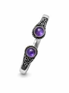 Signature <b>Amethyst</b> Twin Cabochon Open Cuff <b>Bracelet</b> Handmade Silver Plated Brass Jewelry - Product Image 1