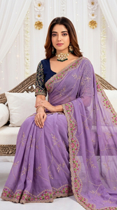 Sari de Georgette Sintético Bordado en Morado de AARA Fashion, Blusa Azul Marino, para Bodas y Ocasiones Especiales, Tradicional, Largo hasta el Suelo, Estilo Indio - Product Image 3