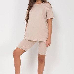 Conjunto de 2 Piezas para Mujer, Color Beige, Top de Manga Corta con Cuello Redondo y Pantalones Cortos por Encima de la Rodilla, Tejido Sólido, Transpirable, Informal, para Primavera/Verano - Product Image 1