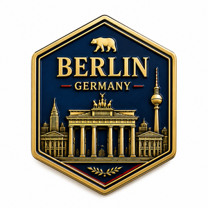 Imán de nevera con insignia metálica de lugares emblemáticos de la ciudad: Nueva York, París, Londres, Tokio, Berlín. Venta al por mayor. - Product Image 1