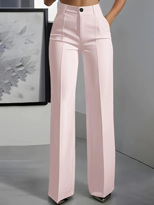Pantalones de Verano para Mujer, de Cintura Alta, Pierna Ancha, Largos, de Color Sólido, Satinados, Cómodos, 100% Poliéster, Elegantes, Corte Recto, con Cierre - Product Image 3