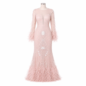 Luxury Blush Pink Embroidered Mermaid Gown | Feather Sleeve Designer Evening Dress | Floor Length Formal Party Wear For Women - Product Image 1