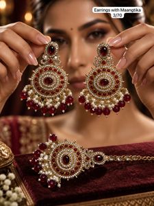 Boucles d'oreilles pendantes ethniques en laiton doré style Dhokra, bijoux perlés en forme de fleur, ensemble Maangtika pour fêtes et mariages - Product Image 6