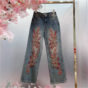 Jeans rétro taille haute pour femmes Style décontracté ample <span class=keywords><strong>avec</strong></span> broderie de <span class=keywords><strong>fleurs</strong></span> à paillettes - Product Image 1