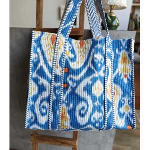 Bolso Tote de Algodón Acolchado Hecho a Mano en India |   Bolsa de tela reutilizable ecológica, color azul oscuro, estilo Ikat, para promoción. - Product Image 3