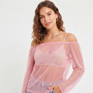 Transparent Mesh Off Shoulder Top For Women Sexy Sheer Off Shoulder Mesh Shirt Tops <b>Ladies</b> 100% Polyester <b>Summer</b> Transparent Top - Product Image 5