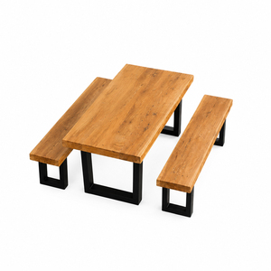 Ensemble de salle à manger rectangulaire en bois de Suar massif avec pieds en fer noir, table en bois naturel durable et 2 bancs pour café et hôtel - Product Image 3