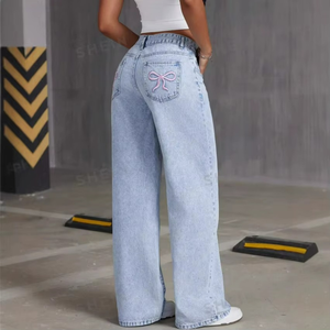 Spring Women Baggy Jeans Casual Bow Embroidered Jeans Women High Waist Straight Leg Pants for Ladies - Product Image 4