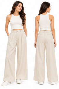 Pantalones Largos de Verano para Mujer, Color Beige, Cintura Alta, Pierna Ancha, Estilo Casual, Mezcla de Lino, Plisados, Corte Holgado - Product Image 2