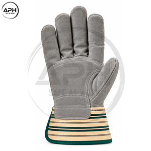 Industrial Split Cowhide Leather Rigger Gloves Green Striped Fabric Back Rubber Cuff Reinforced Palm Mechanics Working Gloves - Product Image 3