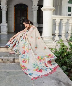 Sari Moderno de Tela de Lino con Estampado Floral de Seda y Blusa Sin Coser 84837 Blanco - Product Image 3