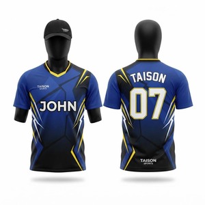 เสื้อแบดมินตันพรีเมียม ยูนิเซ็กซ์ โพลีเอสเตอร์ 240gsm ระบายอากาศได้ดี แห้งเร็ว ดีไซน์สีน้ำเงิน ดำ เหลือง แบบแผง  รับสกรีนลายด้วยความร้อน - Product Image 1