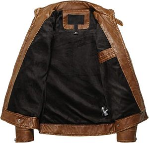 Blouson moto homme en cuir marron écologique, col montant, fermeture éclair, coupe ajustée, manches classiques, couleur unie, pour l'hiver - Product Image 3