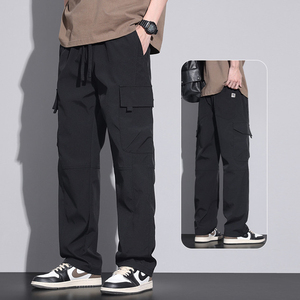<b>Men</b> Solid Mid Waist <b>Cargo</b> <b>Trousers</b> Straight Leg Drawstring Customized Logo Multi Pocket Casual Outdoor <b>Lightweight</b> Breathable - Product Image 2