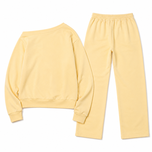Women Yellow <b>Off</b> <b>Shoulder</b> <b>Sweatshirt</b> Tracksuit Set Wide Leg Lounge Trousers Soft Casual Co Ord Outfit Custom Label Co Ord Outfit - Product Image 4