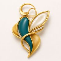 Broche de luxe abstraite vintage élégante en alliage de zinc martelé, plaqué or 18 carats, avec zircon pavé, motif feuille florale