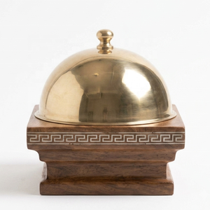 Cazuela Cuadrada de Madera con Pedestal, Tapa de Acero Inoxidable con Acabado en Latón y Patrón Griego de Madreperla Incrustada - Product Image 1
