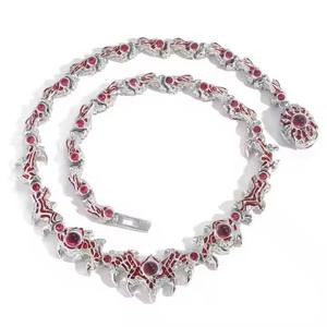 Mens Punk Style 925 Silver Rhodium Plated <b>Statement</b> <b>Necklace</b> with Red Crystal Rhinestones Spike Design Everyday Wear for Sale - Product Image 2