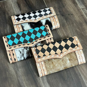 Women's Large Capacity Hand Tooled Checkered Leather Western Style Multi <b>Card</b> <b>Wallet</b> Fashionable Cowhide Phone & Money Clutches - Product Image 4