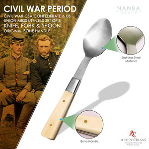Ensemble de couverts 3 pièces en acier inoxydable avec manche en os, style antique inspiré de la guerre civile - Couteau, fourchette, cuillère - Cadeau de camping - Product Image 6