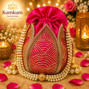 Sac à cordon Lotus Potli, cadeau de mariage, sac de mariée ethnique indien de luxe fait main, pour fiançailles, Diwali, Ramadan, festivités - Product Image 3